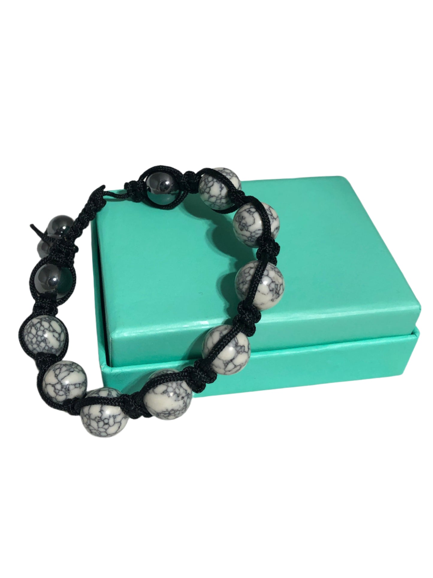 Shamballa hematite and howlite corded adjustable bracelet