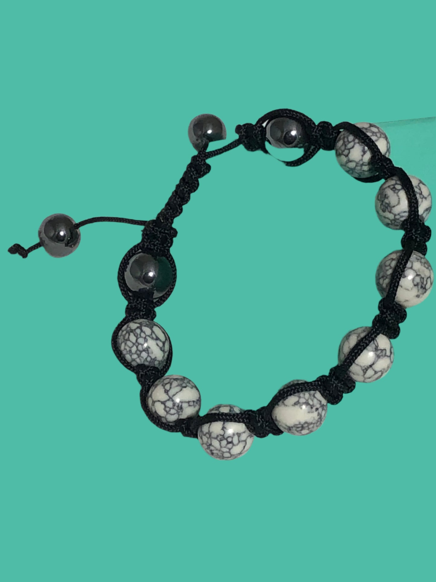 Shamballa hematite and howlite corded adjustable bracelet