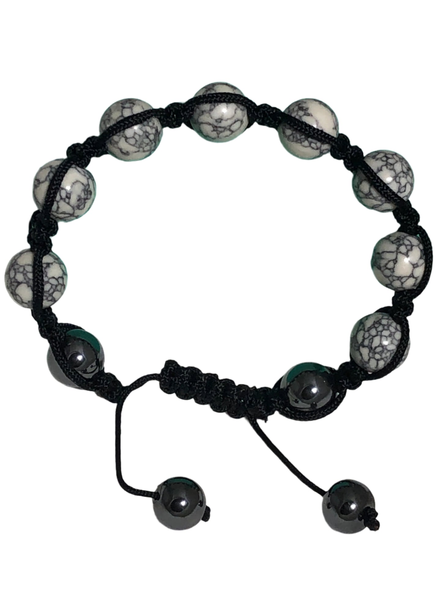 Shamballa hematite and howlite corded adjustable bracelet