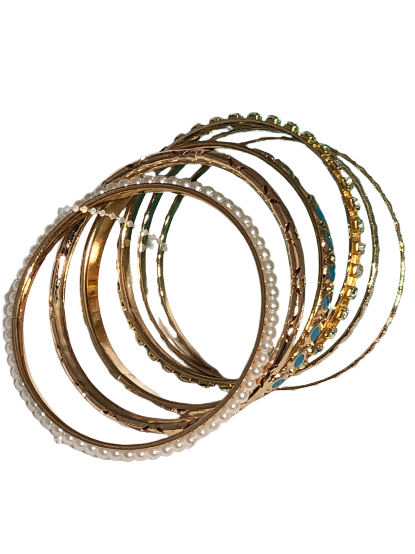 Pearl, Turquoise and Gold Bangle Bracelets-Multiple set of 6