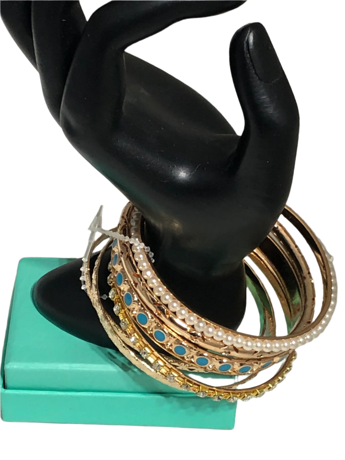 Pearl, Turquoise and Gold Bangle Bracelets-Multiple set of 6