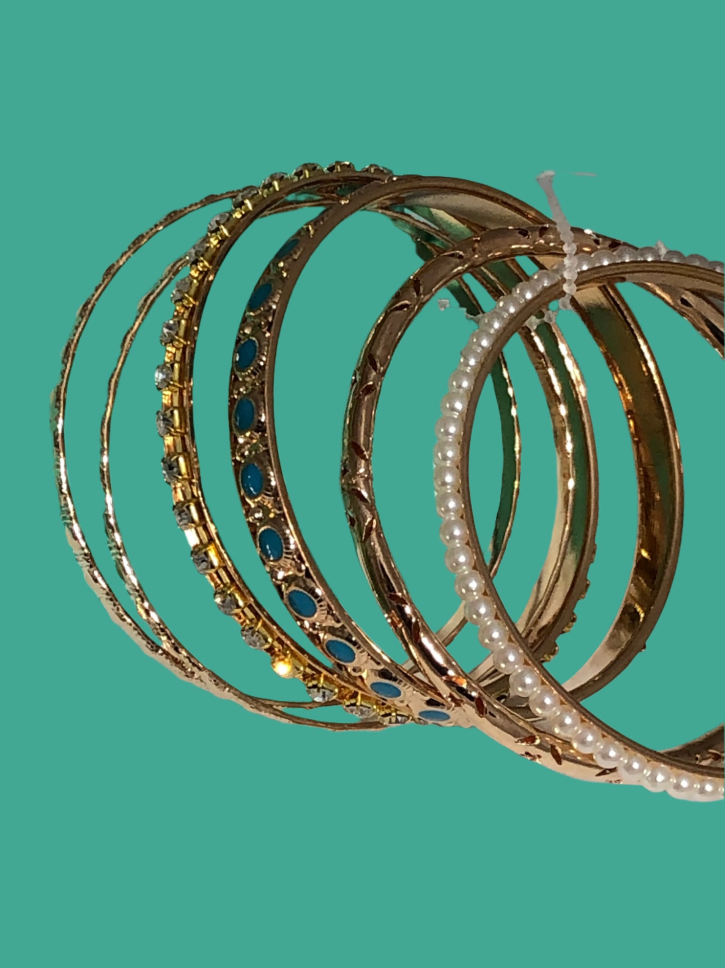 Pearl, Turquoise and Gold Bangle Bracelets-Multiple set of 6