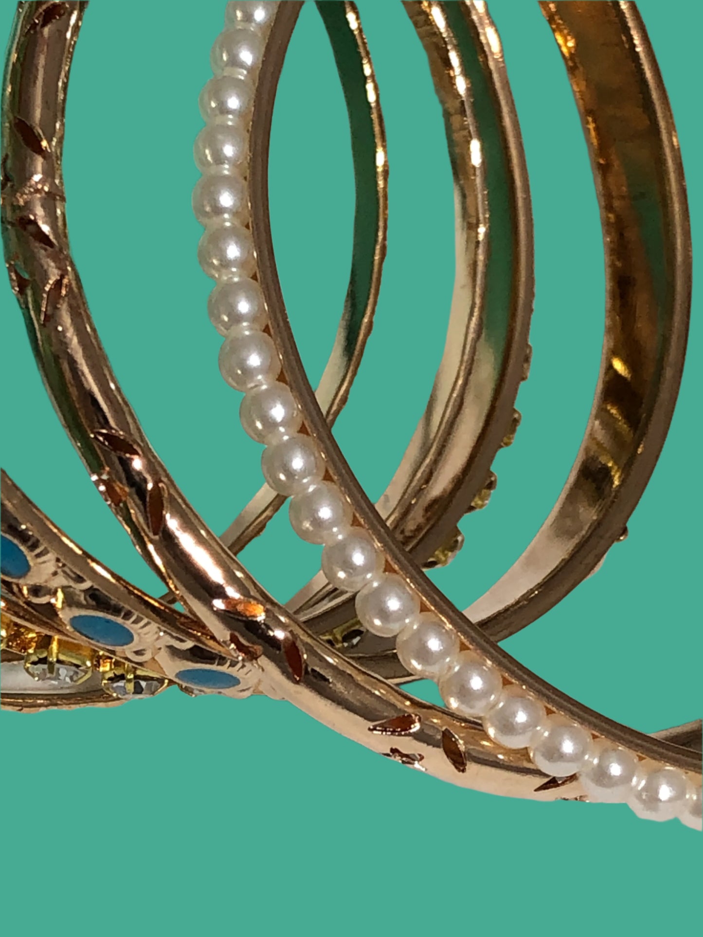 Pearl, Turquoise and Gold Bangle Bracelets-Multiple set of 6