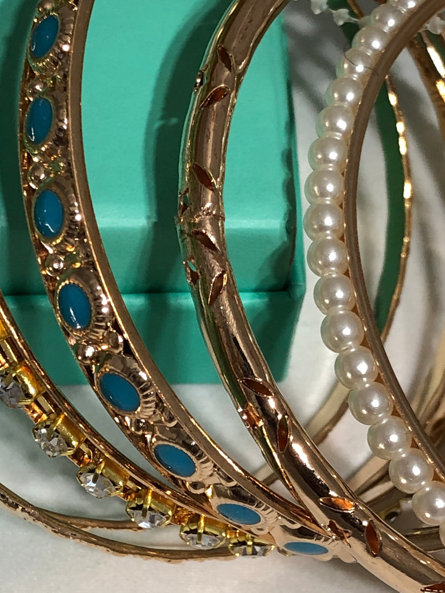 Pearl, Turquoise and Gold Bangle Bracelets-Multiple set of 6