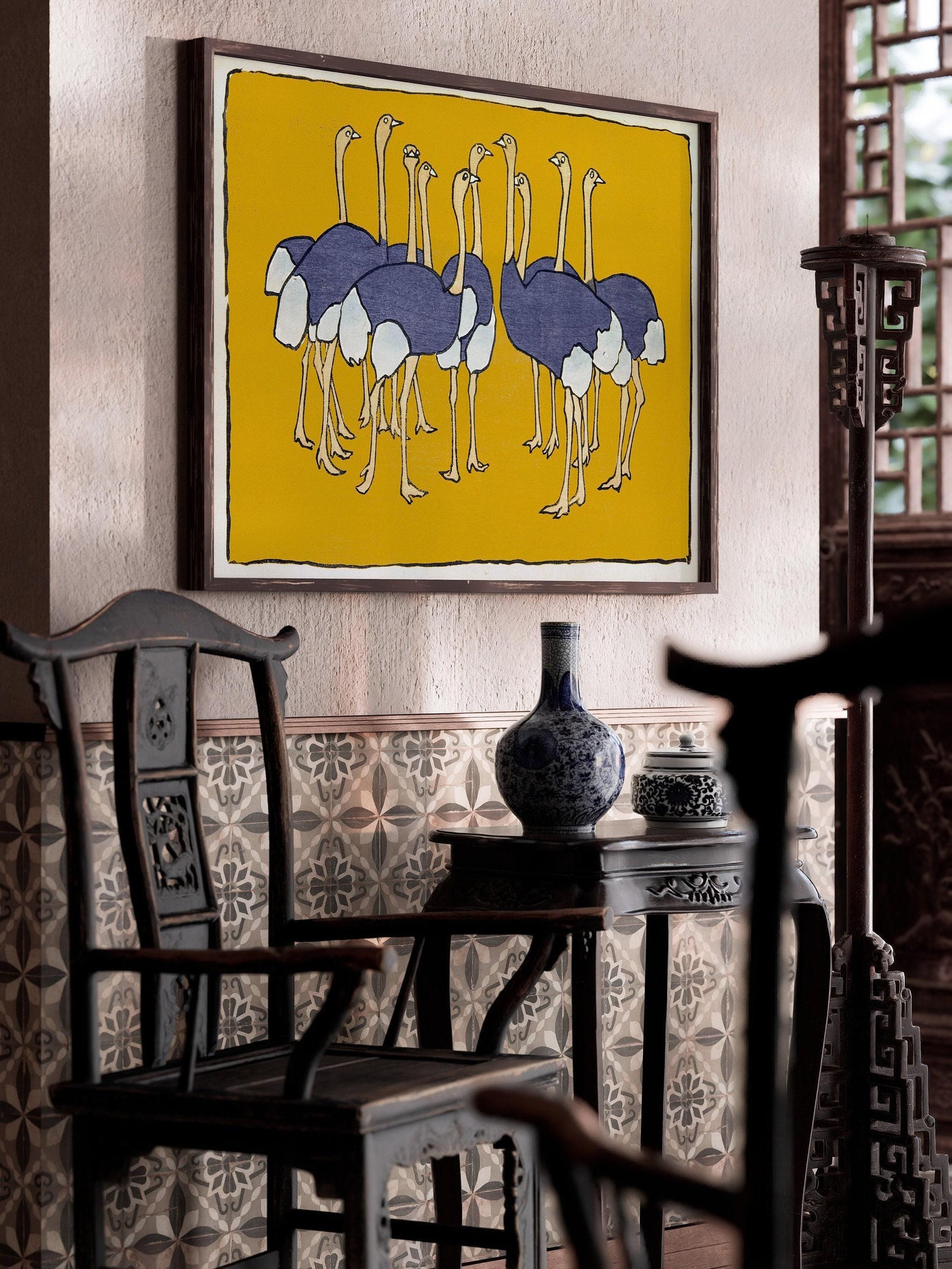 Asai Chū - Ostriches | PREMIUM GICLÉE PRINT | From Mokugo zuanshū Pl.21 (1908) Vintage Japanese Art in Yellow (available handframed)