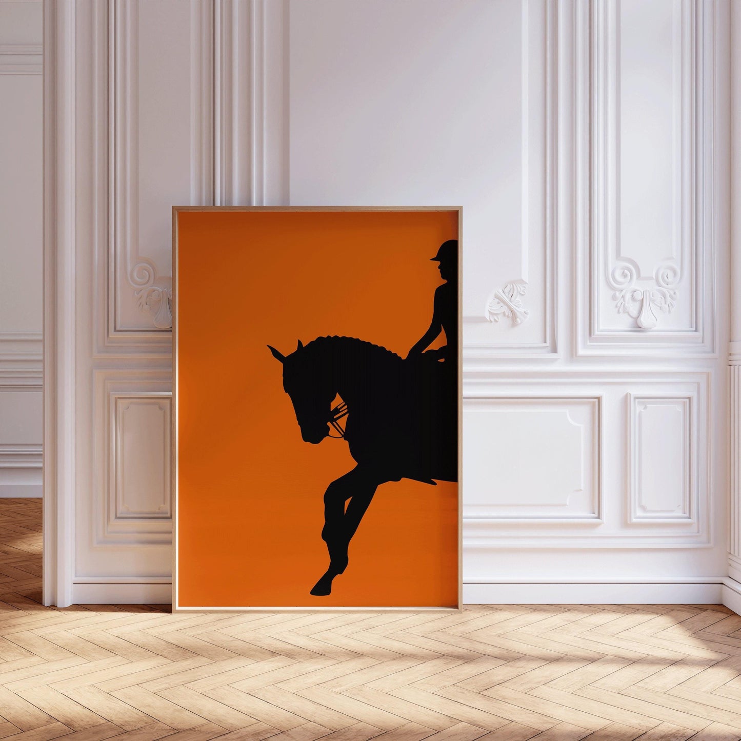 Dressage Horse and Rider Poster in Orange | Equestrian Art (available handframed or unframed)
