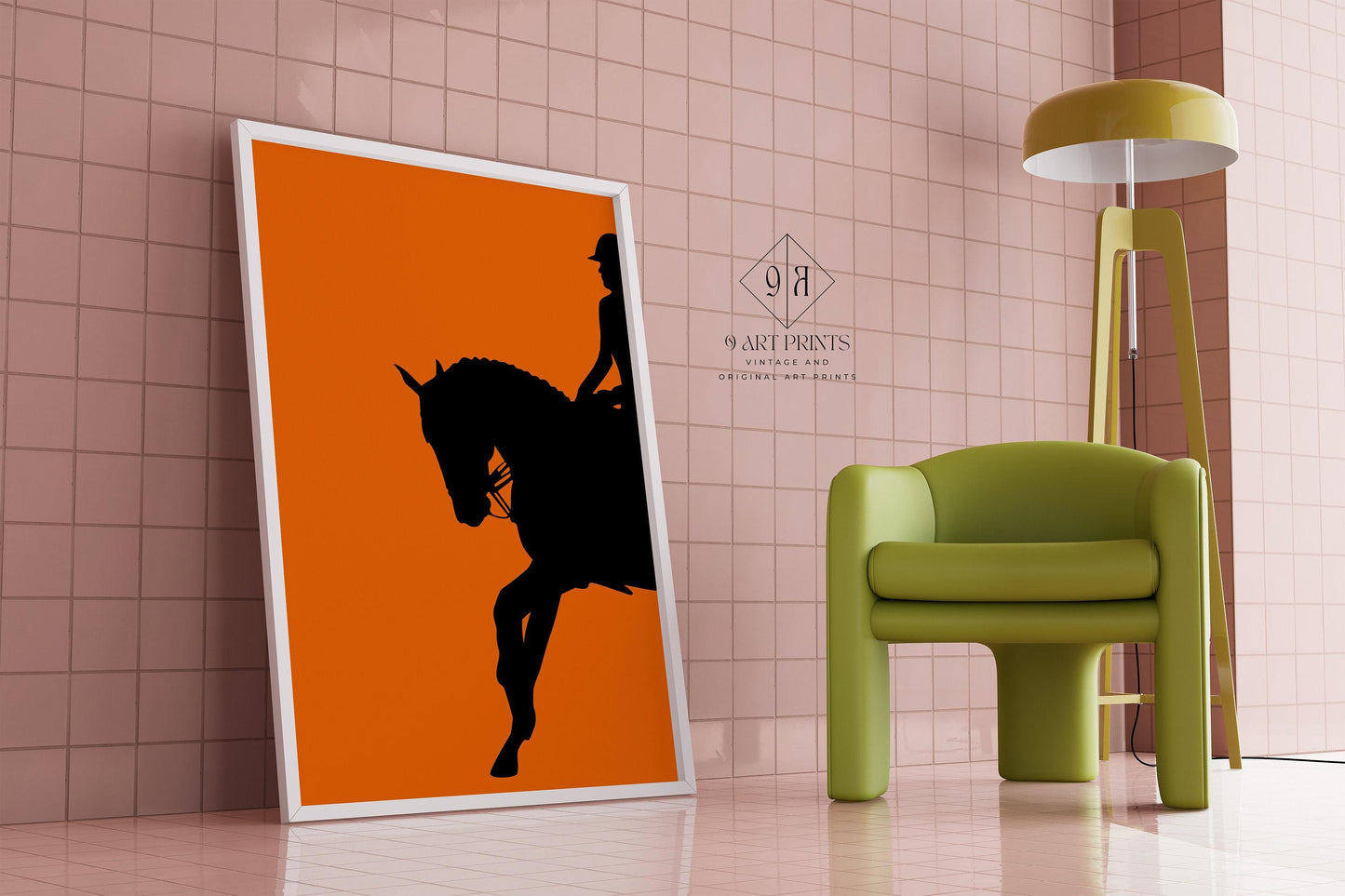 Dressage Horse and Rider Poster in Orange | Equestrian Art (available handframed or unframed)