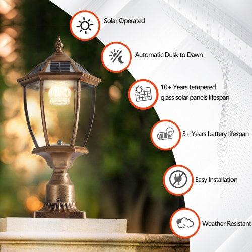 Vintage Gold Solar Pillar Headlight With Dimmable LED 1-Pack Outdoor Landscape Pathway Light