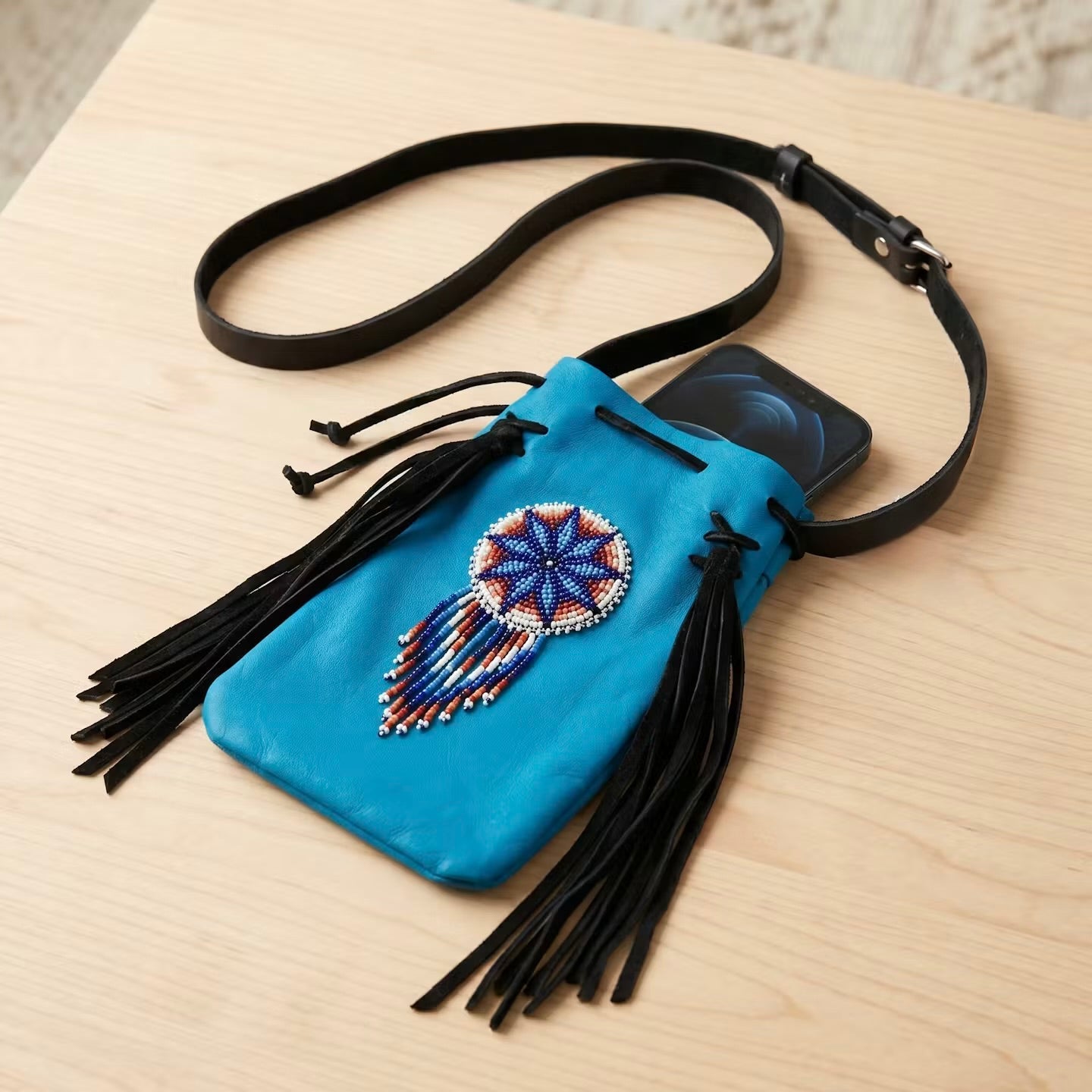 Beaded Suede Phone Pouch ~ turquoise
