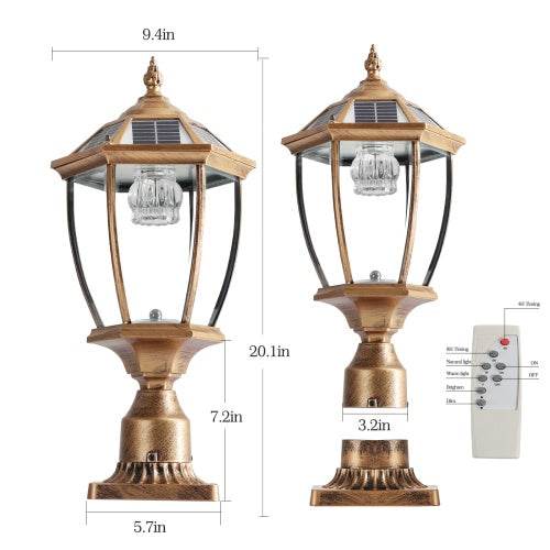 Vintage Gold Solar Pillar Headlight With Dimmable LED 1-Pack Outdoor Landscape Pathway Light