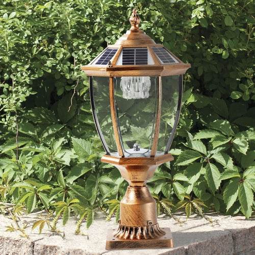 Vintage Gold Solar Pillar Headlight With Dimmable LED 1-Pack Outdoor Landscape Pathway Light