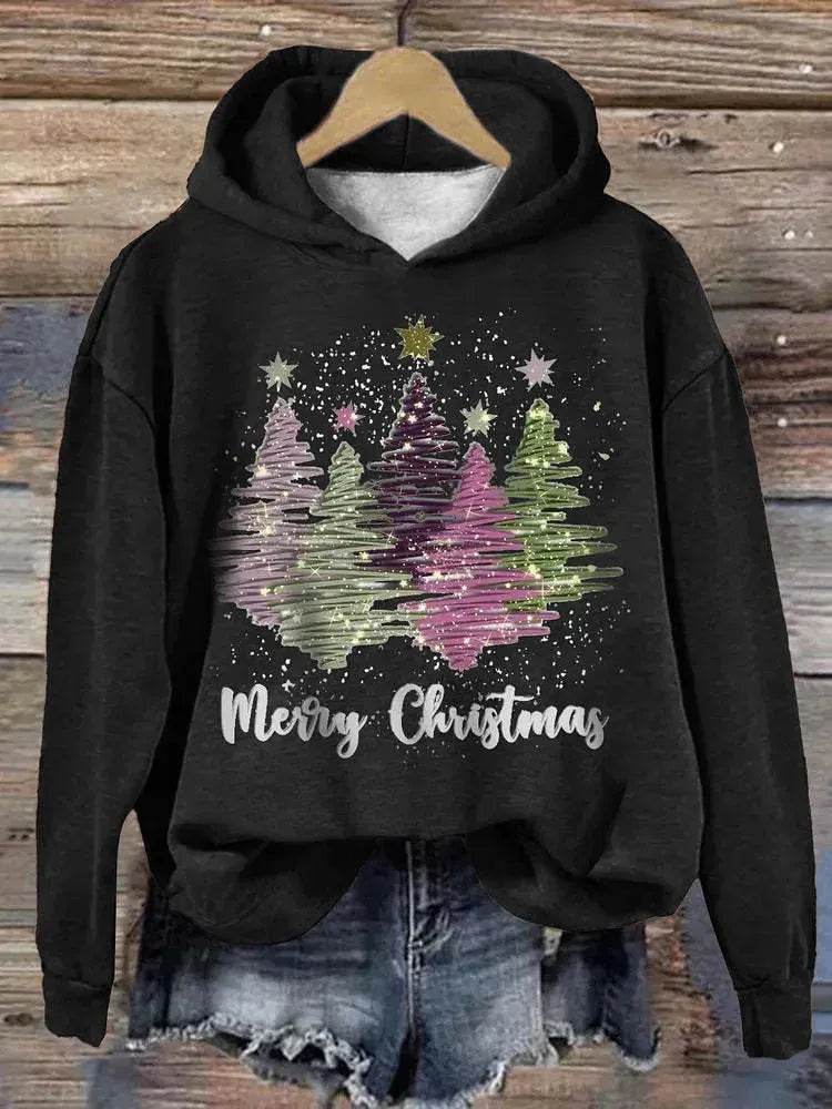 Round Neck Hooded Long Sleeve Four Christmas Trees Loose Hoodie Sweatshirt