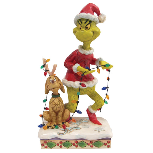 Jim Shore Christmas Grinch with dog Max and Christmas lights figure