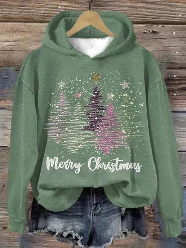 Round Neck Hooded Long Sleeve Four Christmas Trees Loose Hoodie Sweatshirt