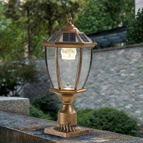 Vintage Gold Solar Pillar Headlight With Dimmable LED 1-Pack Outdoor Landscape Pathway Light