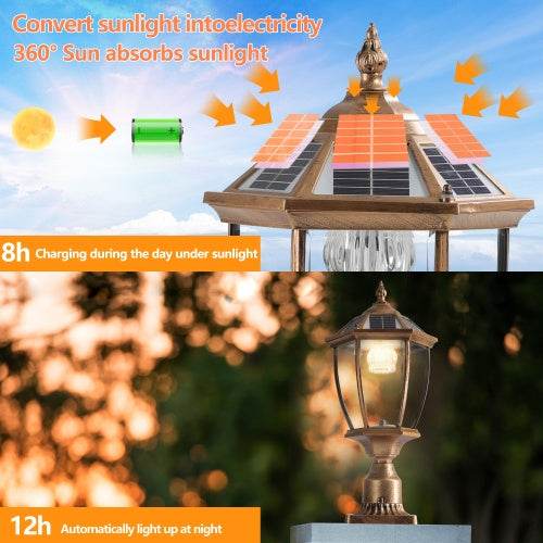 Vintage Gold Solar Pillar Headlight With Dimmable LED-2 Pack Landscape Pathway Light