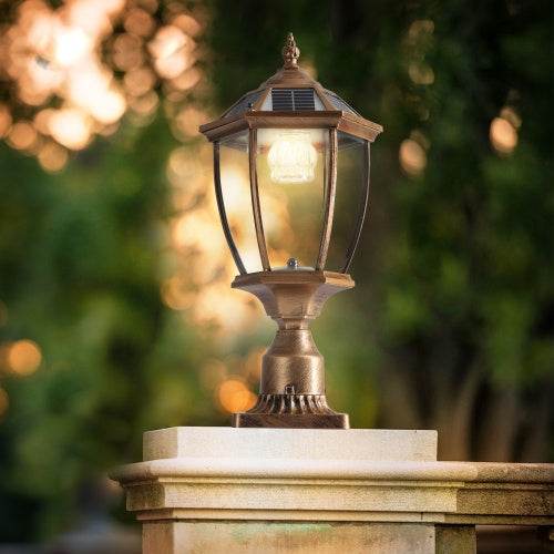 Vintage Gold Solar Pillar Headlight With Dimmable LED 1-Pack Outdoor Landscape Pathway Light