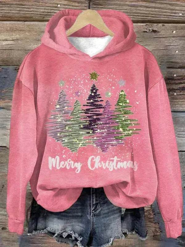 Round Neck Hooded Long Sleeve Four Christmas Trees Loose Hoodie Sweatshirt