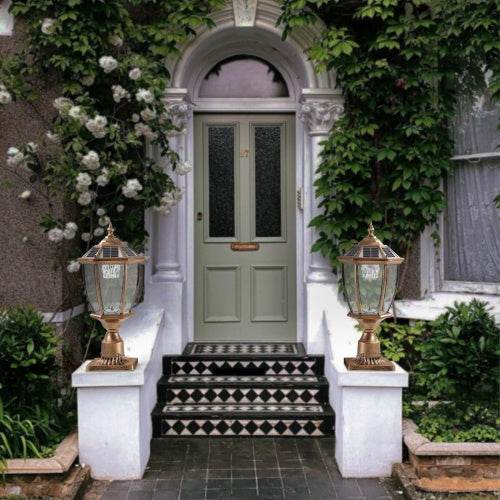 Vintage Gold Solar Pillar Headlight With Dimmable LED-2 Pack Landscape Pathway Light