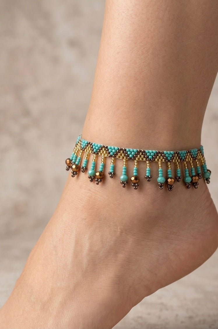 Beaded Anklet Brown Turquoise
