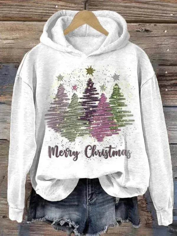 Round Neck Hooded Long Sleeve Four Christmas Trees Loose Hoodie Sweatshirt