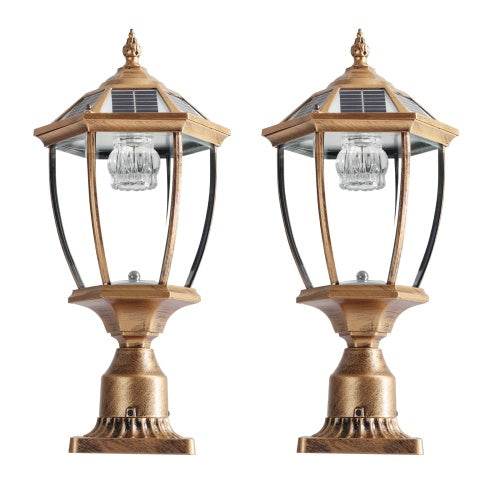 Vintage Gold Solar Pillar Headlight With Dimmable LED-2 Pack Landscape Pathway Light