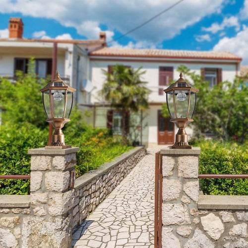 Vintage Gold Solar Pillar Headlight With Dimmable LED-2 Pack Landscape Pathway Light