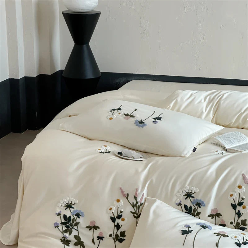 Royal Retreat Daisy Floral Embroidery 1000 TC Cotton Duvet Set - White