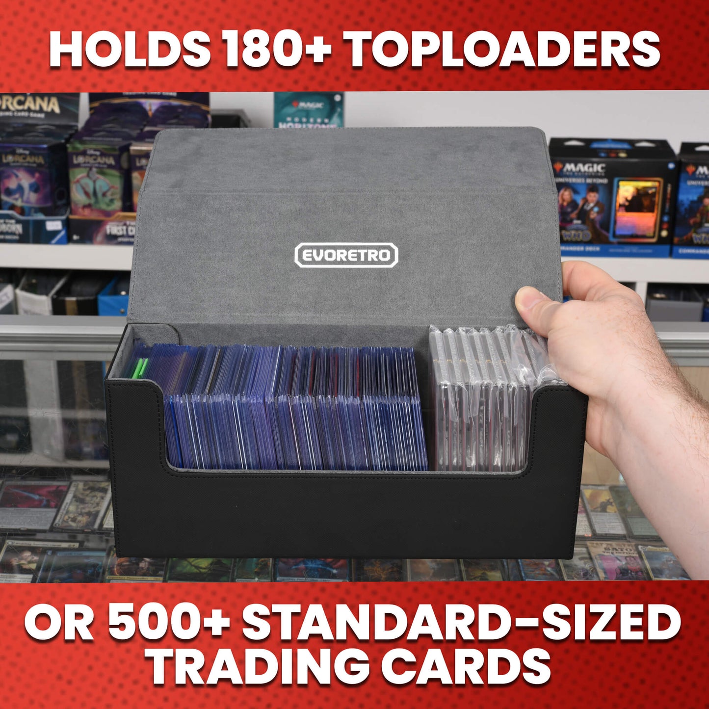 EVORETRO Lightweight Magnetic Card Holder - 180+ Toploaders or 500+ Trading Cards | Black/Grey