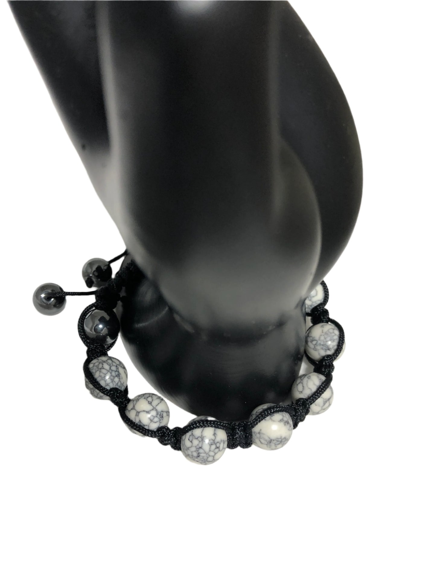 Shamballa hematite and howlite corded adjustable bracelet