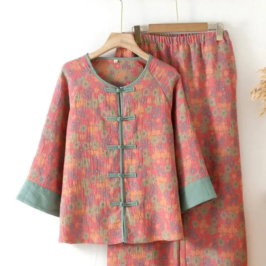 New Chinese Style Double Pure Cotton Gauze Pajamas For Women Spring Autumn Set