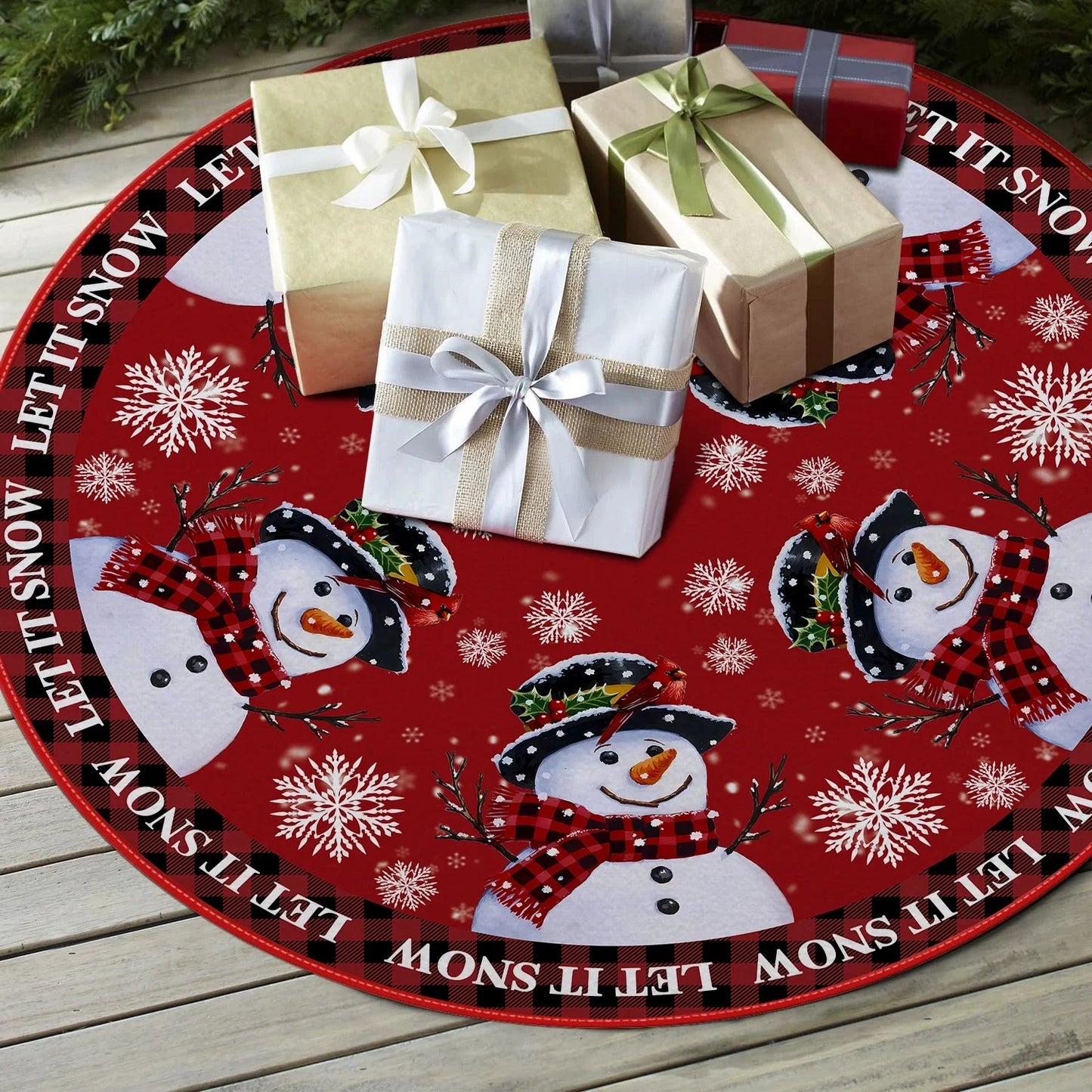 Christmas Tree Skirt Red Countryside Tree Skirt With White Snowflake Printed For Home Party Holiday Winter Indoor Decorations