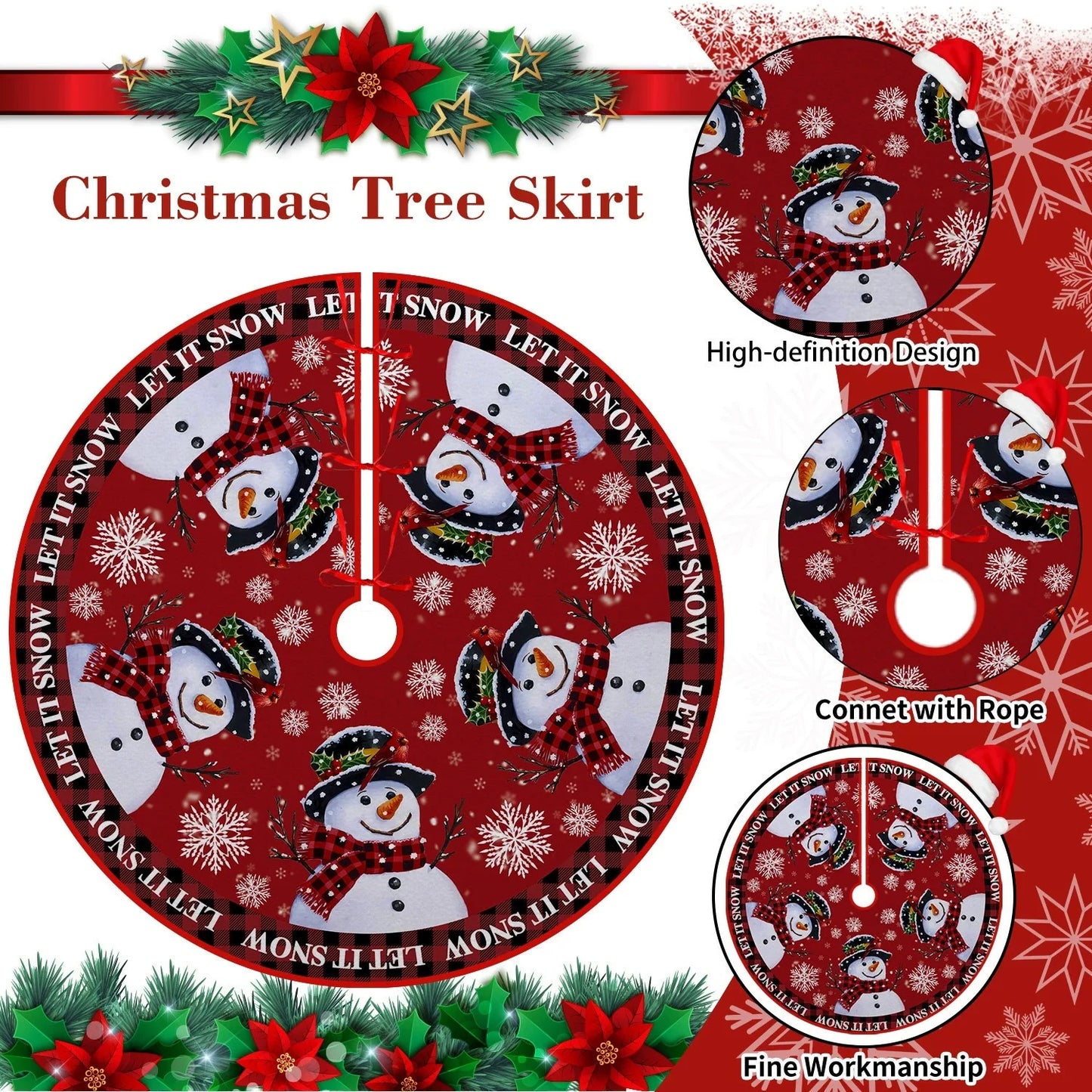 Christmas Tree Skirt Red Countryside Tree Skirt With White Snowflake Printed For Home Party Holiday Winter Indoor Decorations