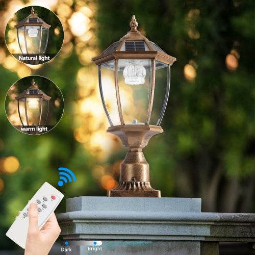 Vintage Gold Solar Pillar Headlight With Dimmable LED 1-Pack Outdoor Landscape Pathway Light