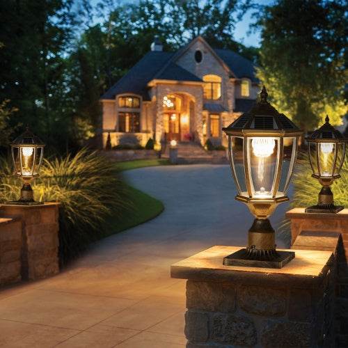 Vintage Gold Solar Pillar Headlight With Dimmable LED 1-Pack Outdoor Landscape Pathway Light