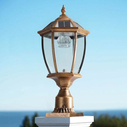 Vintage Gold Solar Pillar Headlight With Dimmable LED 1-Pack Outdoor Landscape Pathway Light