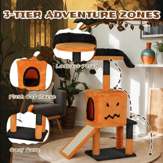 39.4 Halloween Cat Tree, Cat Tower Cat Tree For Indoor Cats With Spacious Cat Condo, Sisal Scratching Posts, Hanging Toys, Orange  Black