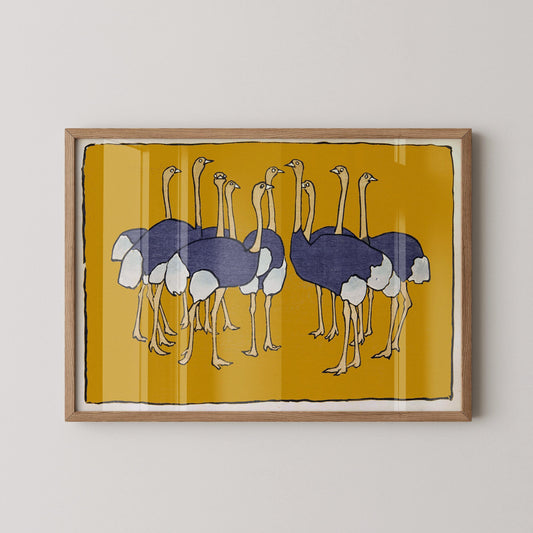 Asai Chū - Ostriches | PREMIUM GICLÉE PRINT | From Mokugo zuanshū Pl.21 (1908) Vintage Japanese Art in Yellow (available handframed)