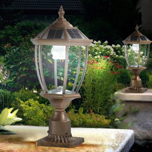 Vintage Gold Solar Pillar Headlight With Dimmable LED-2 Pack Landscape Pathway Light