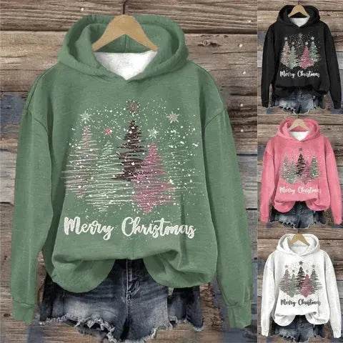 Round Neck Hooded Long Sleeve Four Christmas Trees Loose Hoodie Sweatshirt