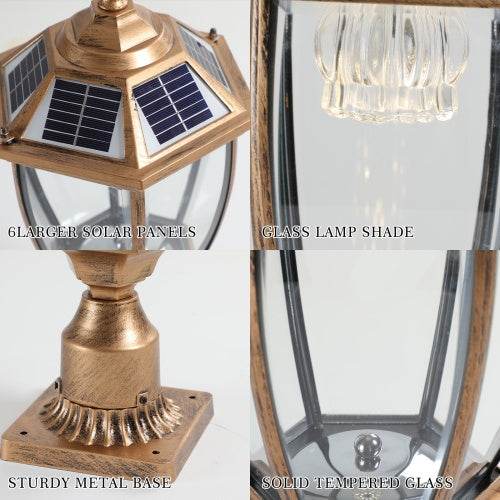 Vintage Gold Solar Pillar Headlight With Dimmable LED-2 Pack Landscape Pathway Light