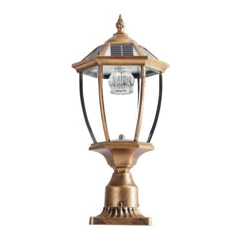 Vintage Gold Solar Pillar Headlight With Dimmable LED 1-Pack Outdoor Landscape Pathway Light