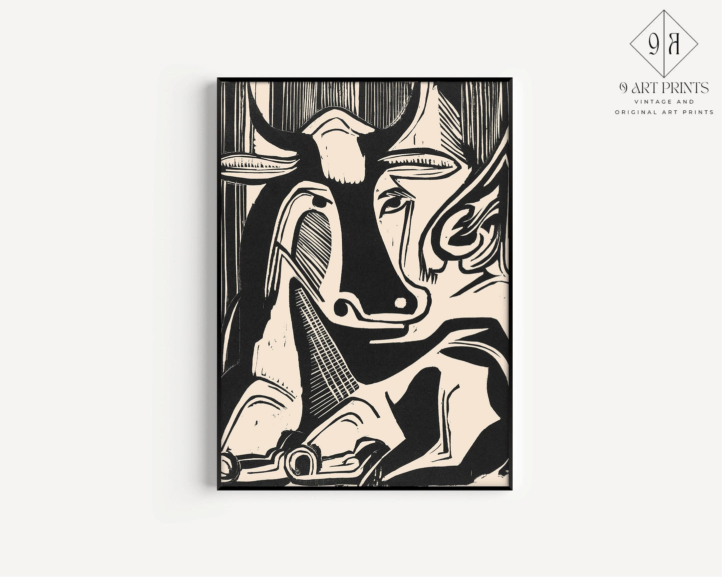 Ernst Ludwig Kirchner - Large Cow Sitting | Famous Black and White Neutral Art (available handframed or unframed)