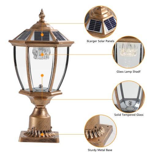 Vintage Gold Solar Pillar Headlight With Dimmable LED-2 Pack Landscape Pathway Light