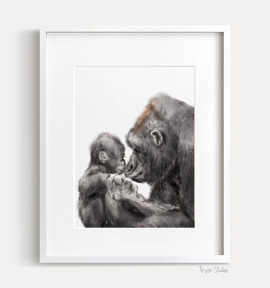 Baby Gorilla and Mom Art Print