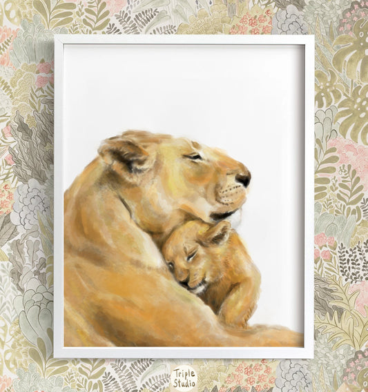 Lion Mom and Baby Art Print