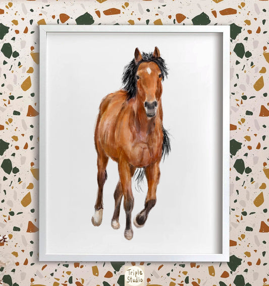 Majestic Brown Horse Watercolor Painting | Modern American Quarter Wall Art | Equestrian Decor, Earthy Farm Farmhouse, Signed by Artist