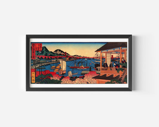 Sadanobu Hasegawa – Illustration of the Kobe Coast | PREMIUM GICLÉE PRINT | Vintage Japanese Wide Panoramic Art (available handframed) 2x1