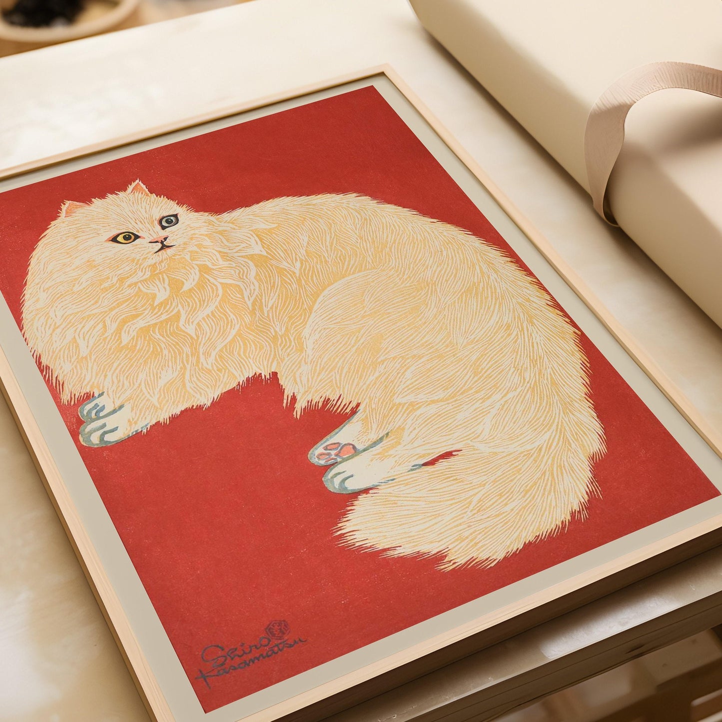 Shiro Kasamatsu - The White Cat | PREMIUM GICLÉE PRINT | Vintage Japanese Woodblock Art in Red and White (available handframed or unframed)