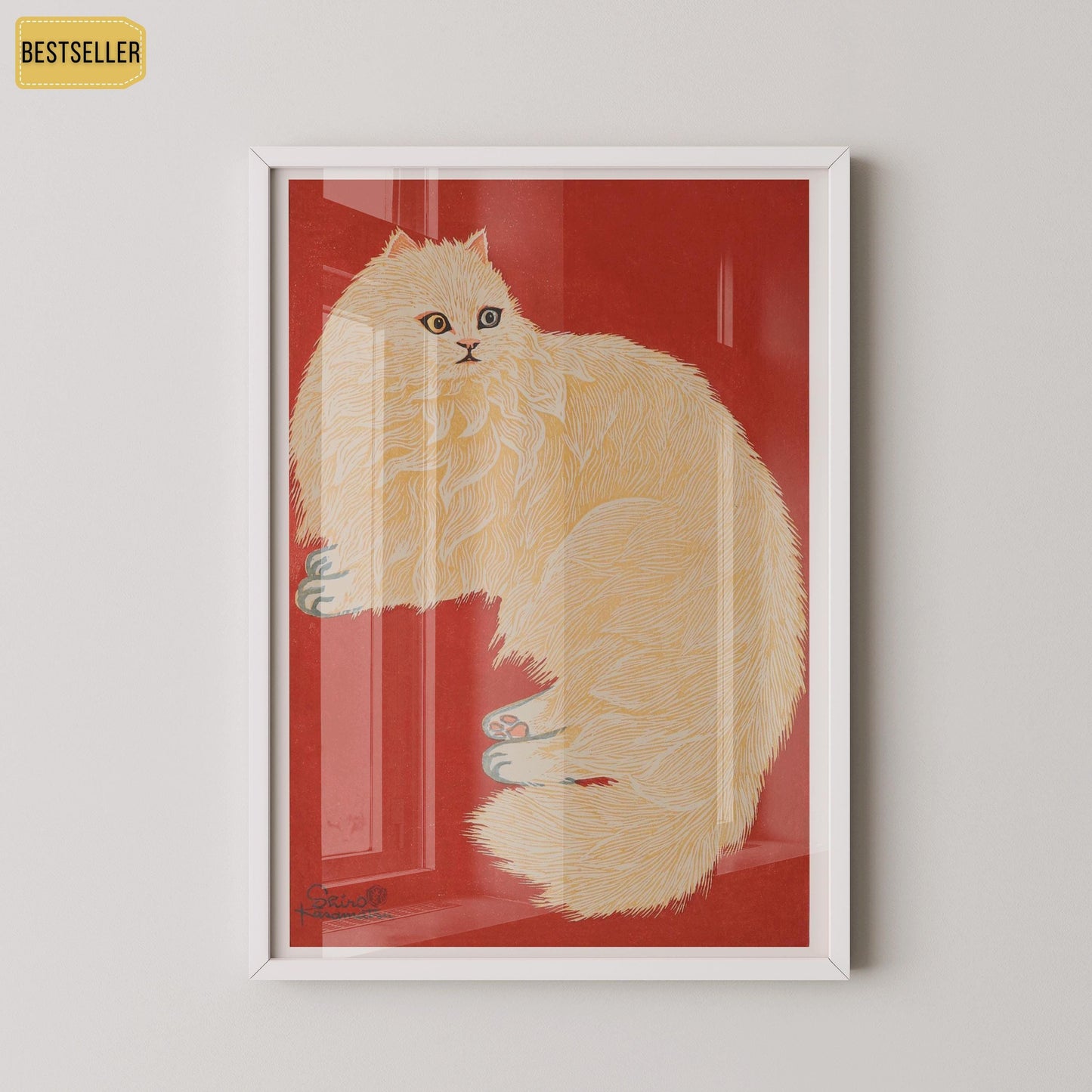 Shiro Kasamatsu - The White Cat | PREMIUM GICLÉE PRINT | Vintage Japanese Woodblock Art in Red and White (available handframed or unframed)